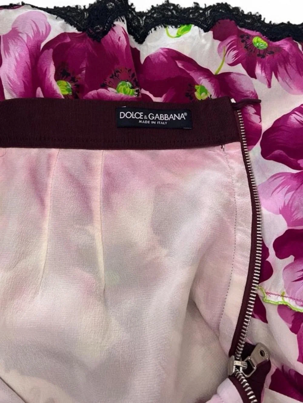 Dolce & Gabbana Pink & Purple Floral A-Line Midi Skirt with Black Lace - Picture 2 of 4